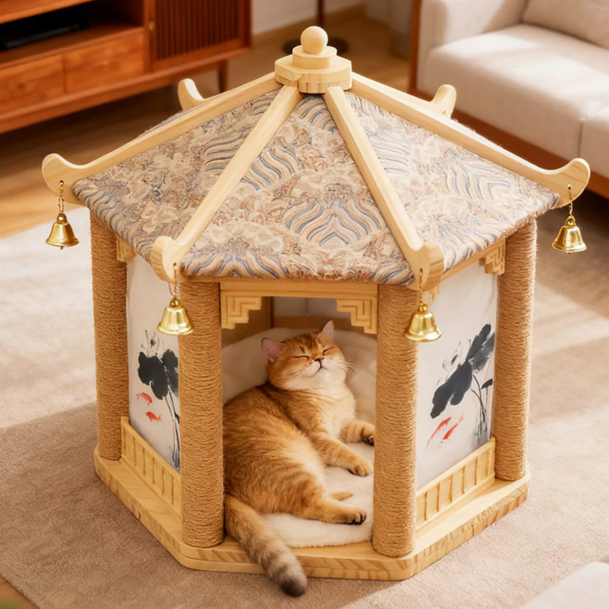 2 in 1 Ancient Pavilion Cat Nest and Scratch Post Modern House Pet Bed Toy - Image 10