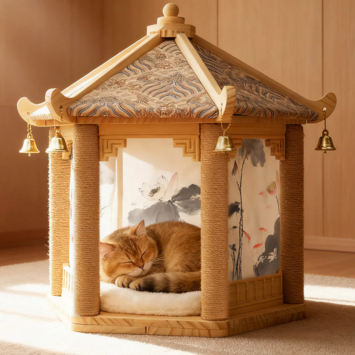 2 in 1 Ancient Pavilion Cat Nest and Scratch Post Modern House Pet Bed Toy - Image 11