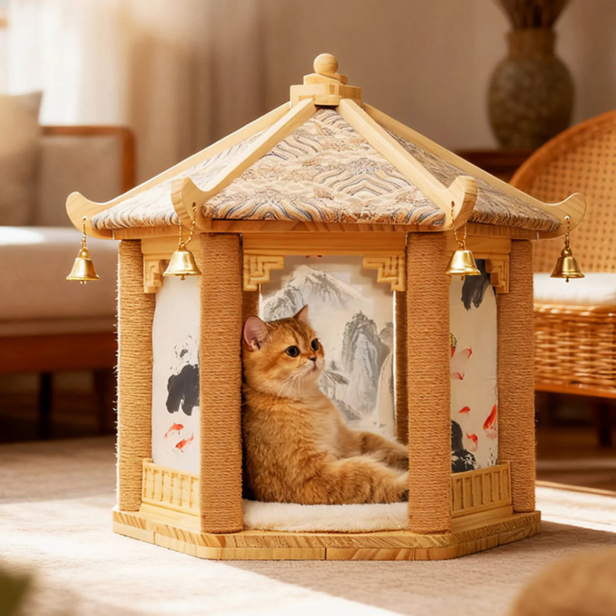 2 in 1 Ancient Pavilion Cat Nest and Scratch Post Modern House Pet Bed Toy - Image 12