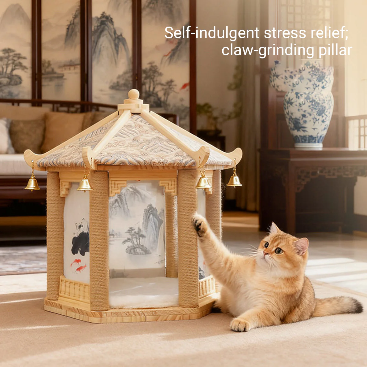 2 in 1 Ancient Pavilion Cat Nest and Scratch Post Modern House Pet Bed Toy - Image 4