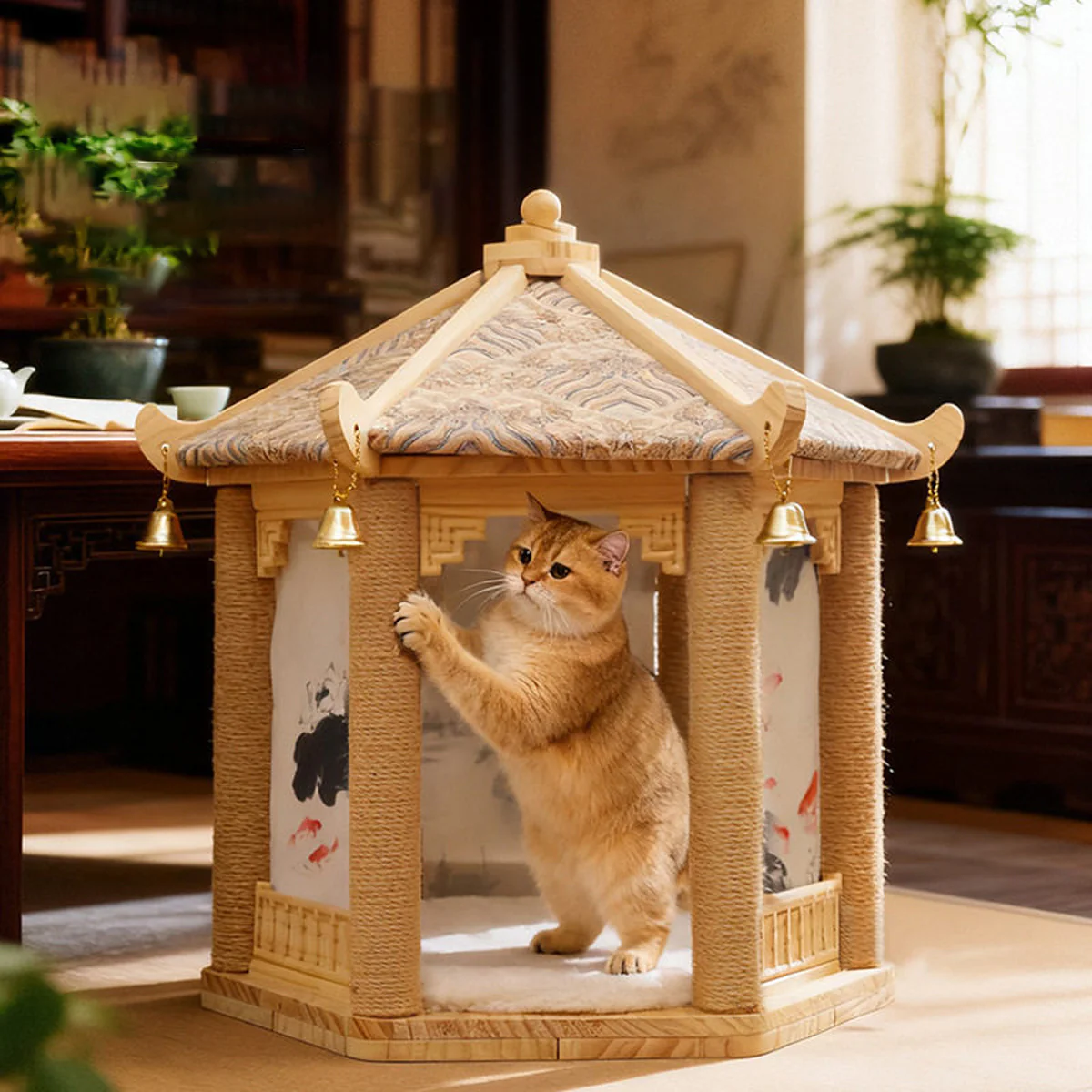 2 in 1 Ancient Pavilion Cat Nest and Scratch Post Modern House Pet Bed Toy - Image 5