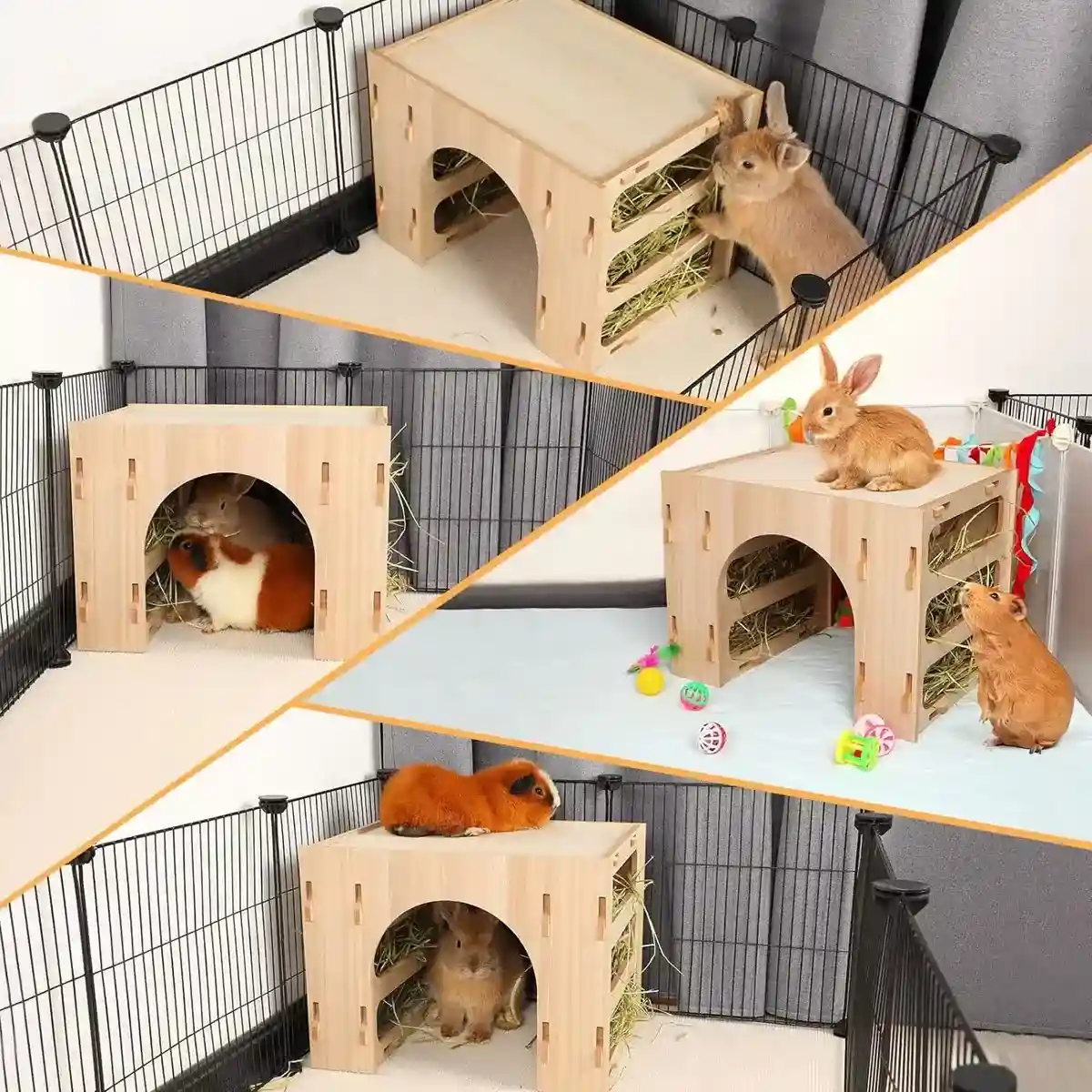 3-in-1 Wooden Hideout Tunnel with Bunny Hay Feeder Rack - Image 11