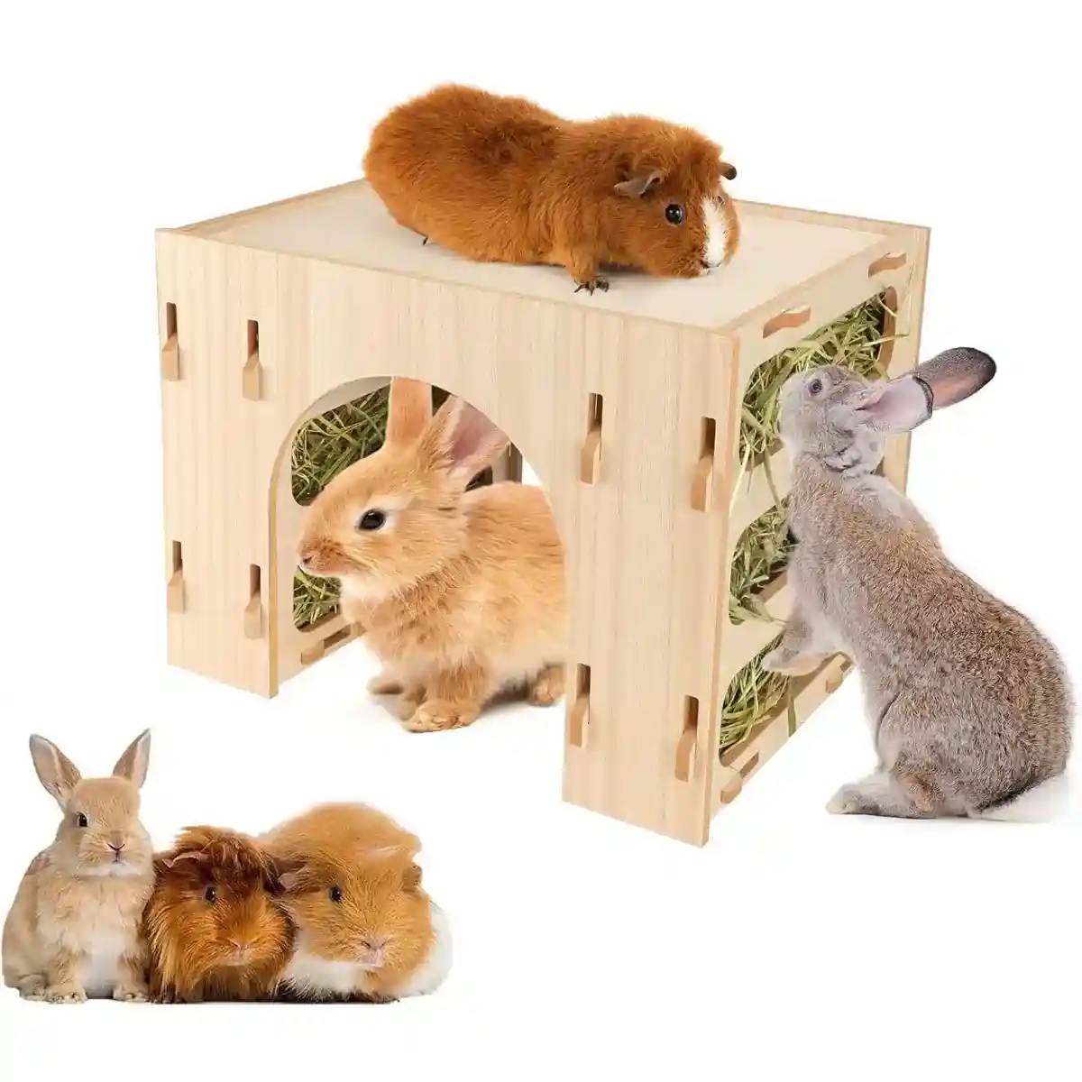 3-in-1 Wooden Hideout Tunnel with Bunny Hay Feeder Rack - Image 12