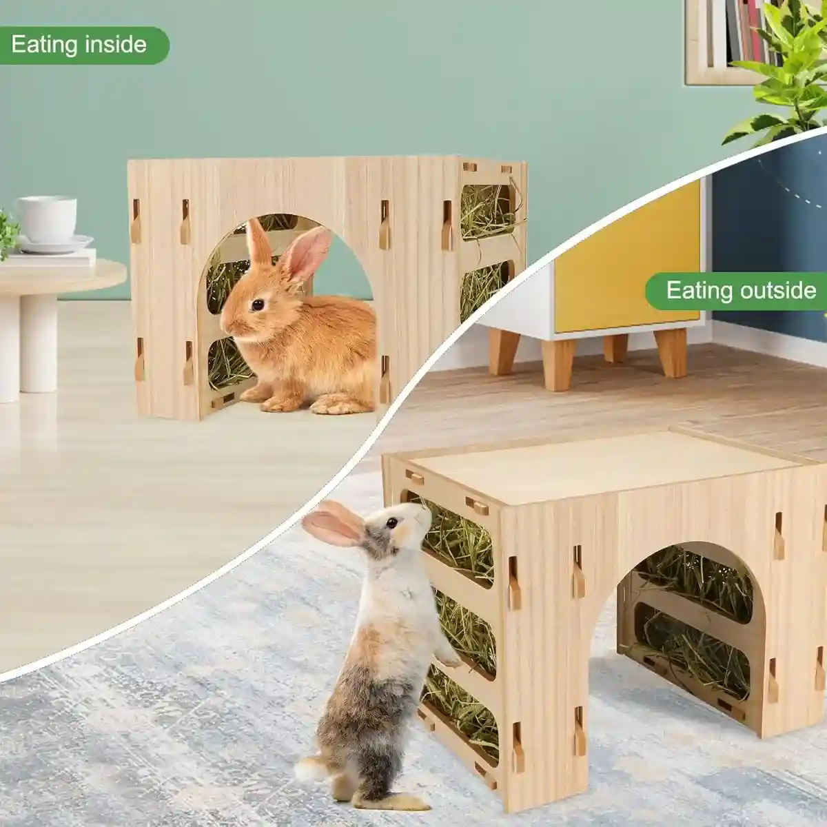3-in-1 Wooden Hideout Tunnel with Bunny Hay Feeder Rack - Image 3