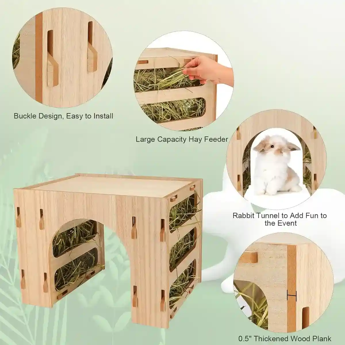 3-in-1 Wooden Hideout Tunnel with Bunny Hay Feeder Rack - Image 8