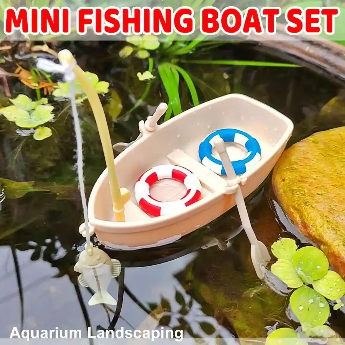 Mini Boat Aquarium Landscaping Ornament with Fishing Rod and Lifebuoys