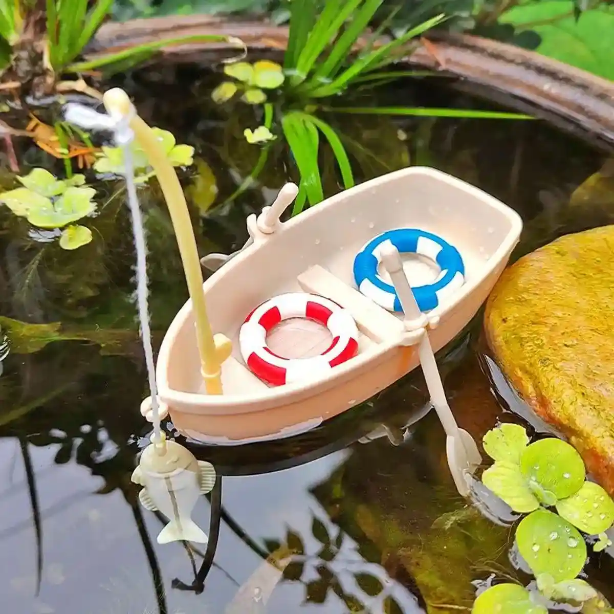 Mini Boat Aquarium Landscaping Ornament with Fishing Rod and Lifebuoys - Image 5