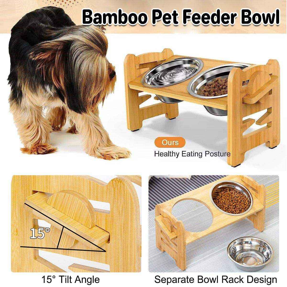 Adjustable Bamboo Pet Feeder with Stainless Steel Bowls