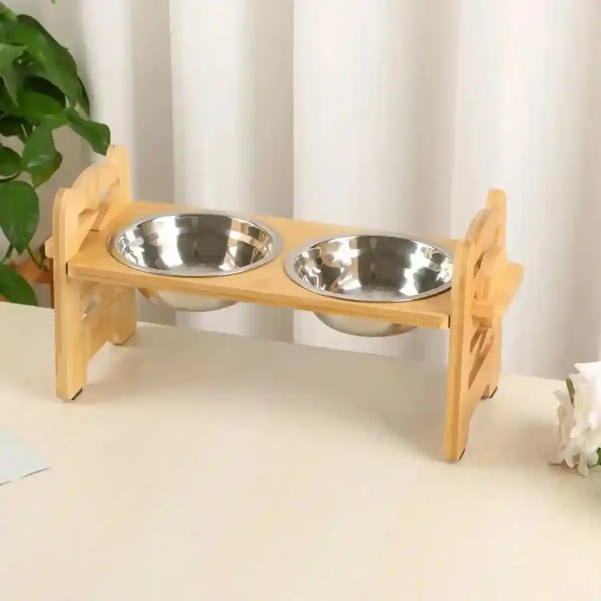 Adjustable Bamboo Pet Feeder with Stainless Steel Bowls - Image 10