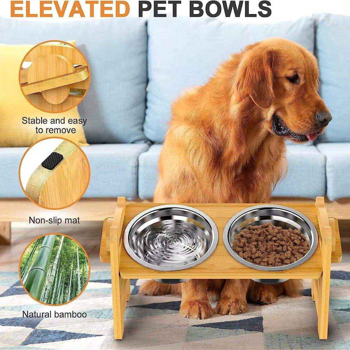 Adjustable Bamboo Pet Feeder with Stainless Steel Bowls - Image 4