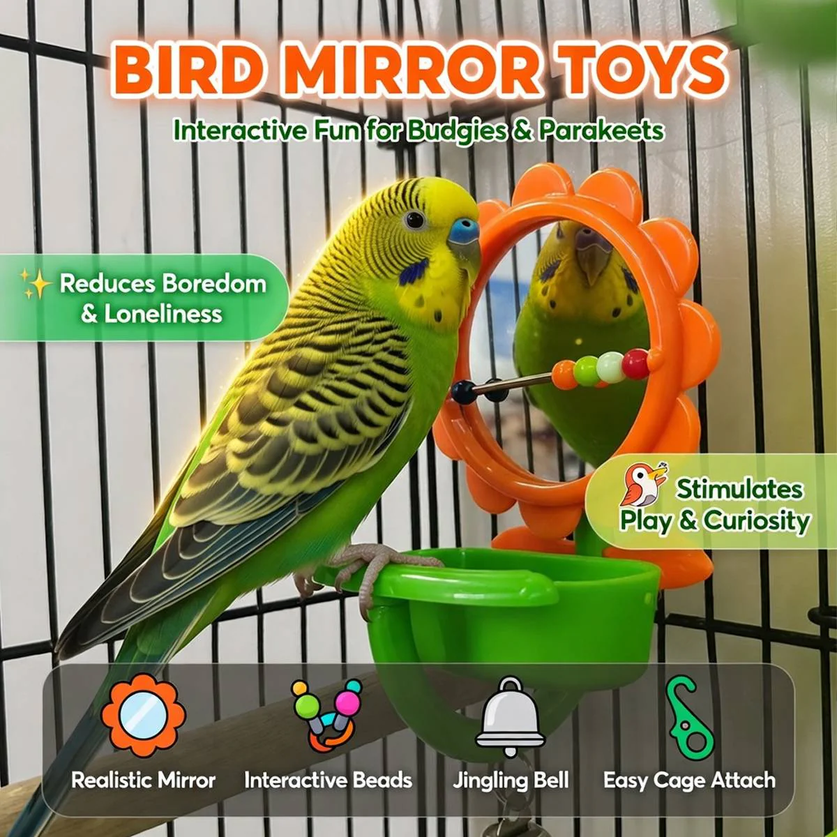Bird Mirror Toy With Bell And Feeder Cup - Image 2