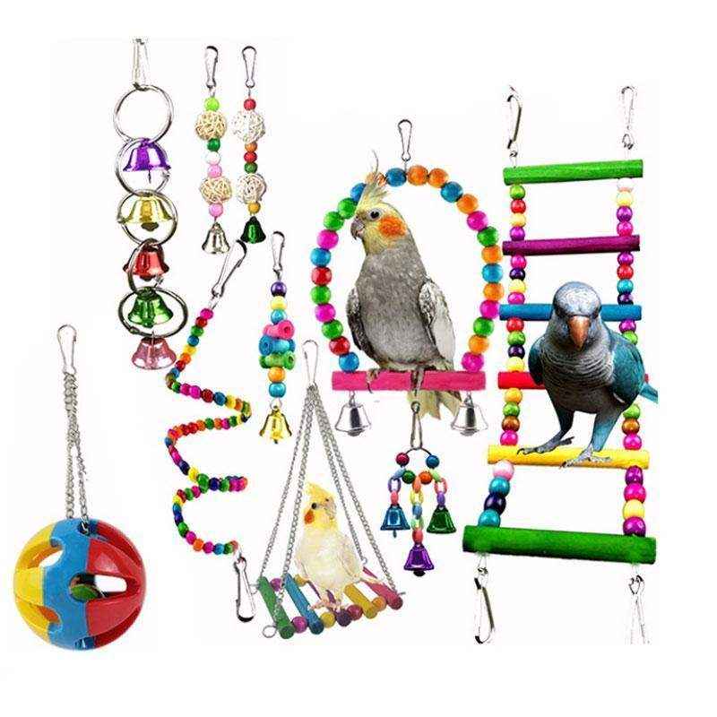 Colorful Hanging Bird Toy Set with Bells and Ladder Parrot Cage Toys - Image 2