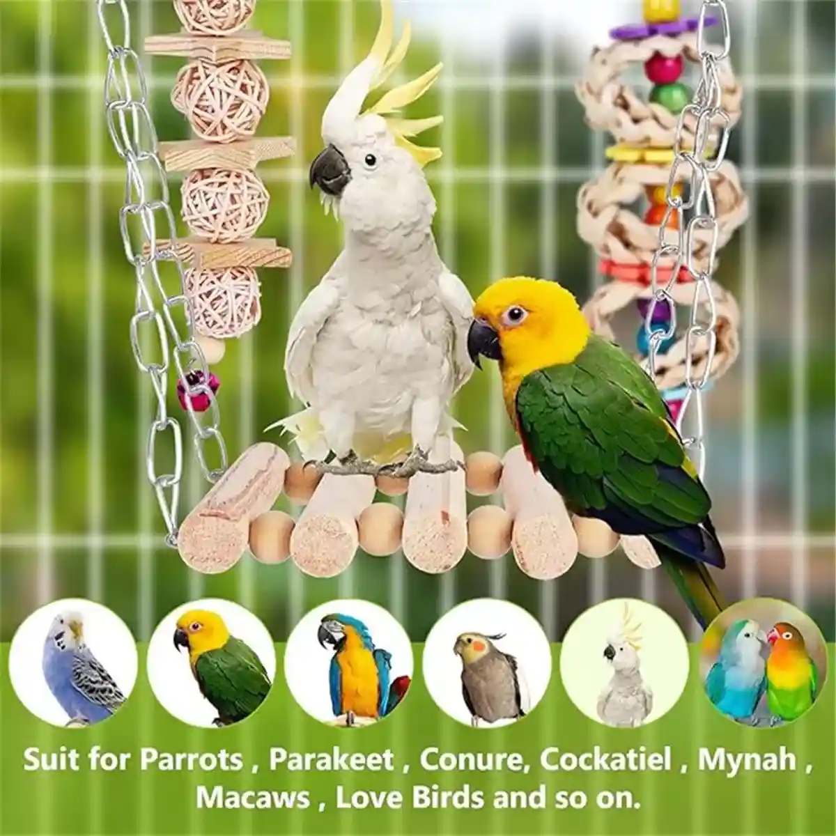7PCS Bird Toys Set With Wooden Swing And Hanging Chew Toys - Image 10