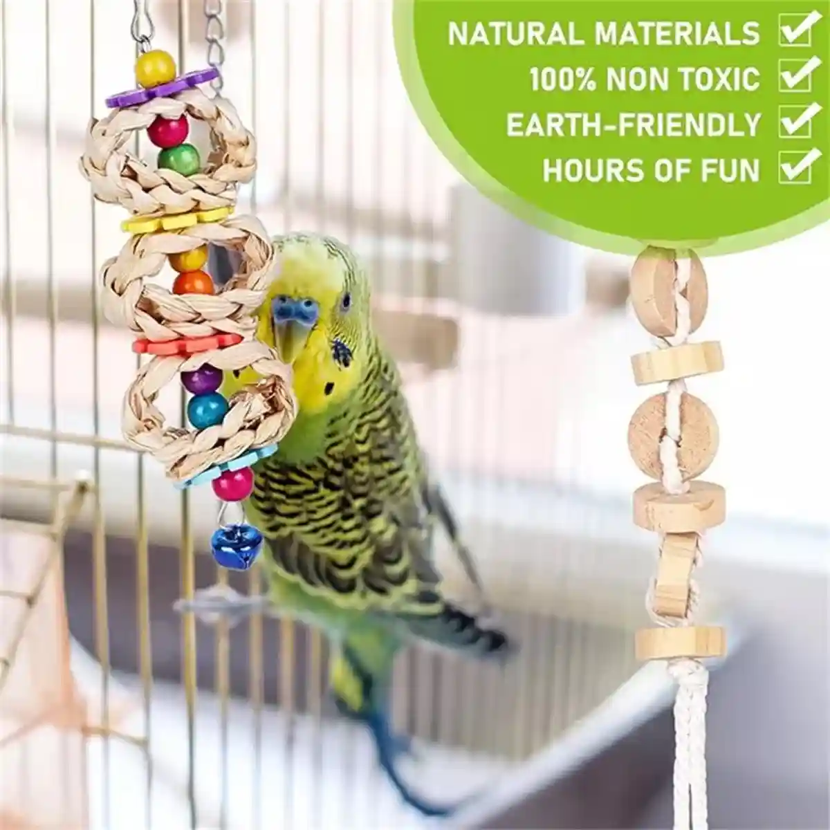 7PCS Bird Toys Set With Wooden Swing And Hanging Chew Toys - Image 6