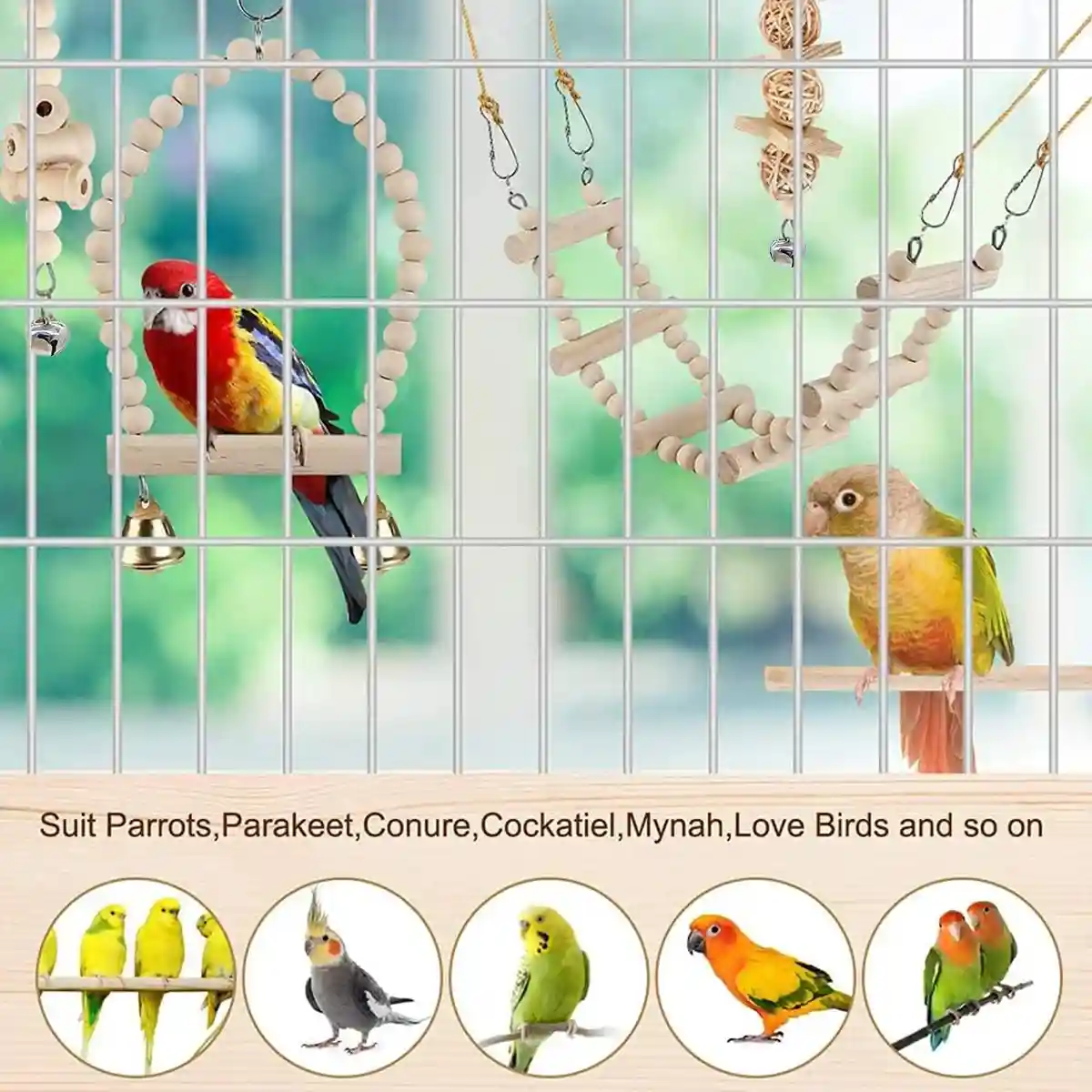 9PCS Bird Toys Set for Parrots Wooden Chew Swing Ladder Kit - Image 4