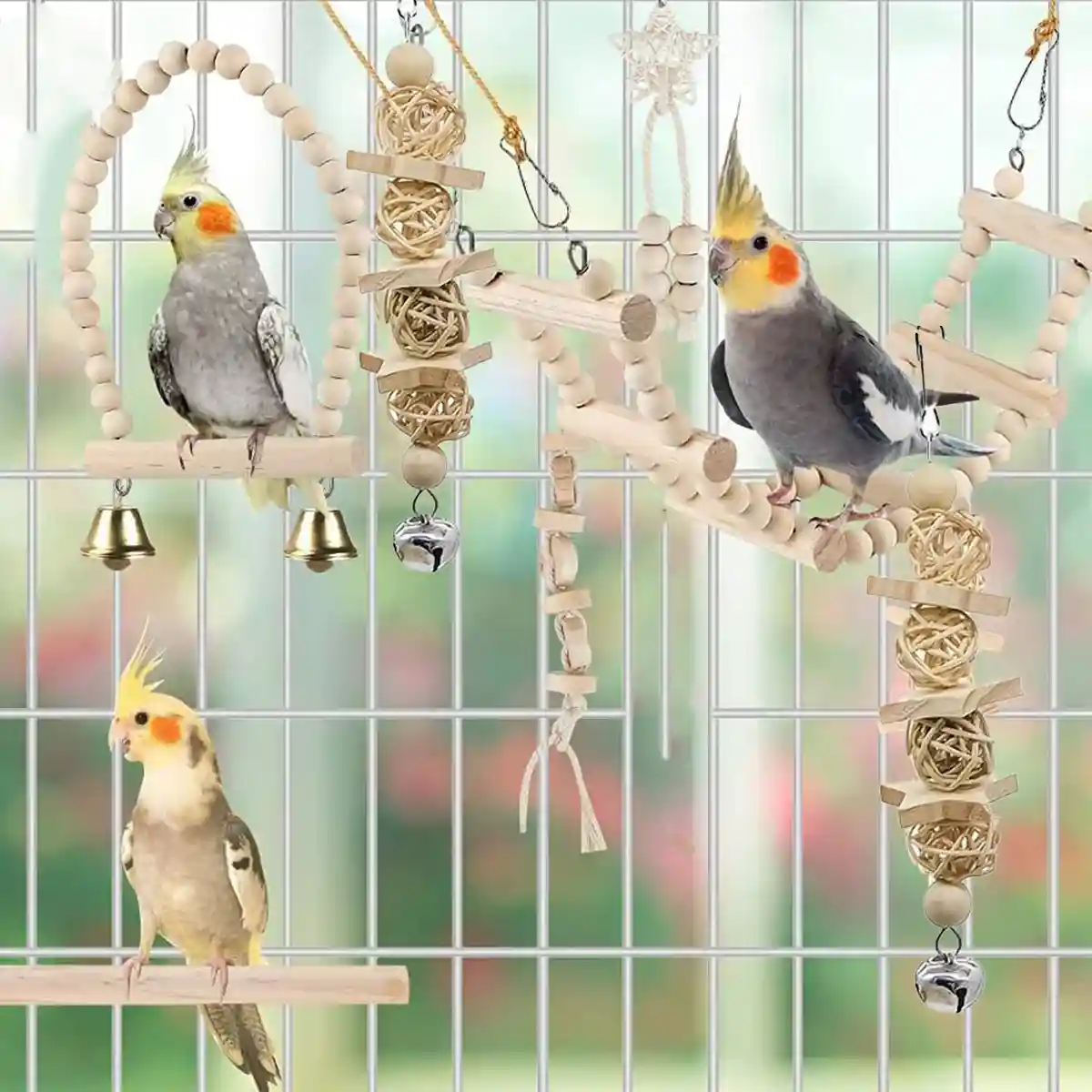 9PCS Bird Toys Set for Parrots Wooden Chew Swing Ladder Kit - Image 6