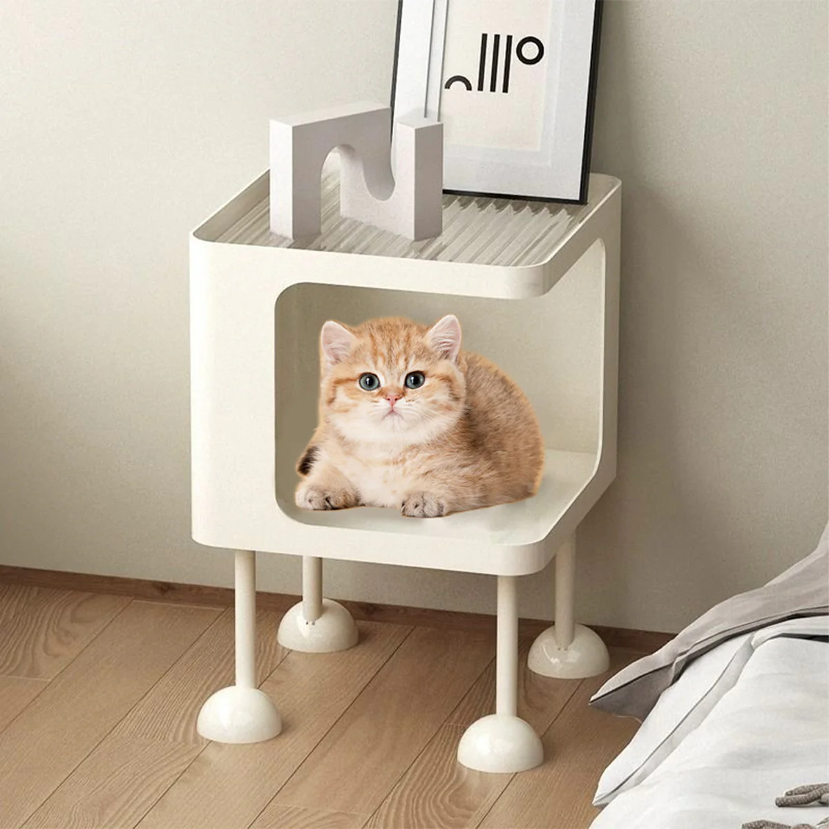 Cat Bedside Table Modern Nightstand with Cat House & Storage - Image 4