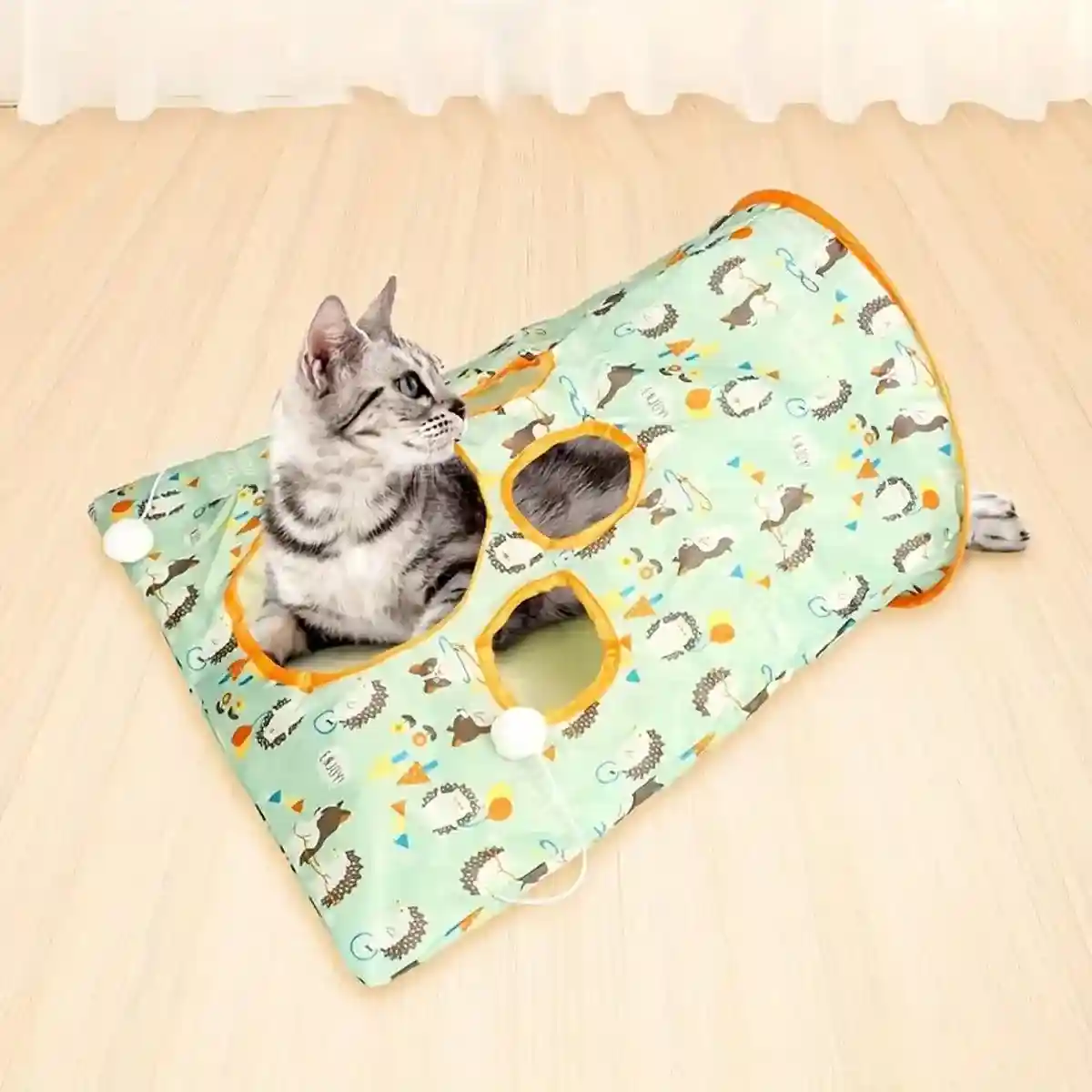 Interactive Foldable Cat Play Tunnel Crinkle Peek Holes & Hanging Balls - Image 7