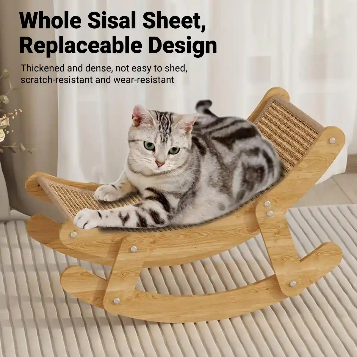 Sisal Cat Rocking Bed With Wooden Frame For Scratching And Napping - Image 4