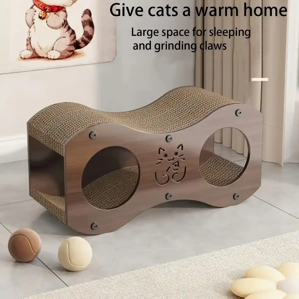 3-in-1 Cat Scratcher Tunnel House with Bed & Tunnel Walnut Colour - Image 12