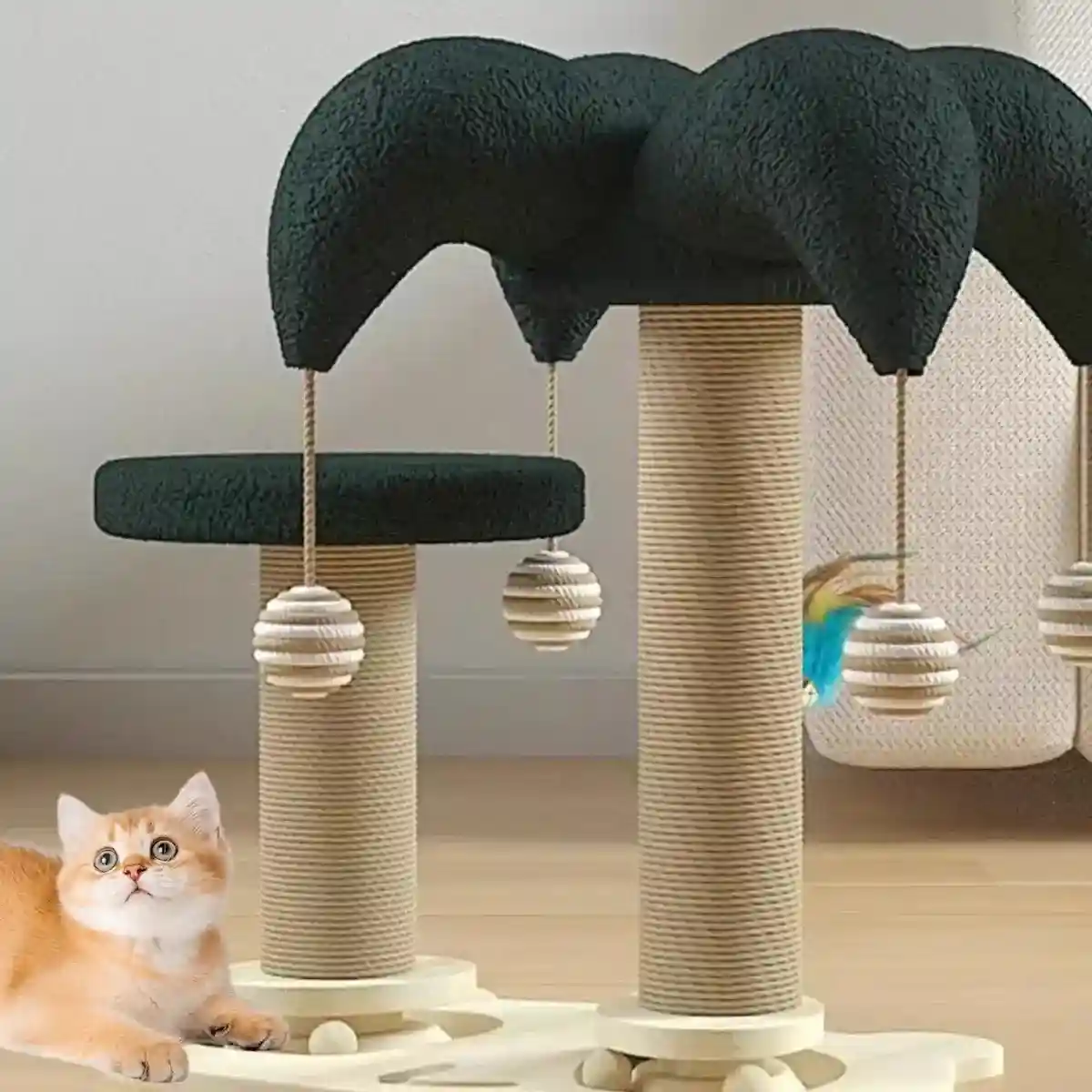Cat Scratching Post with Teaser Stick & Turntable Sisal & Wood Base - Image 12