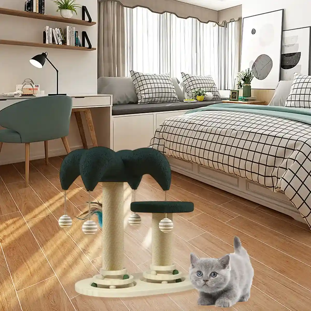 Cat Scratching Post with Teaser Stick & Turntable Sisal & Wood Base - Image 9