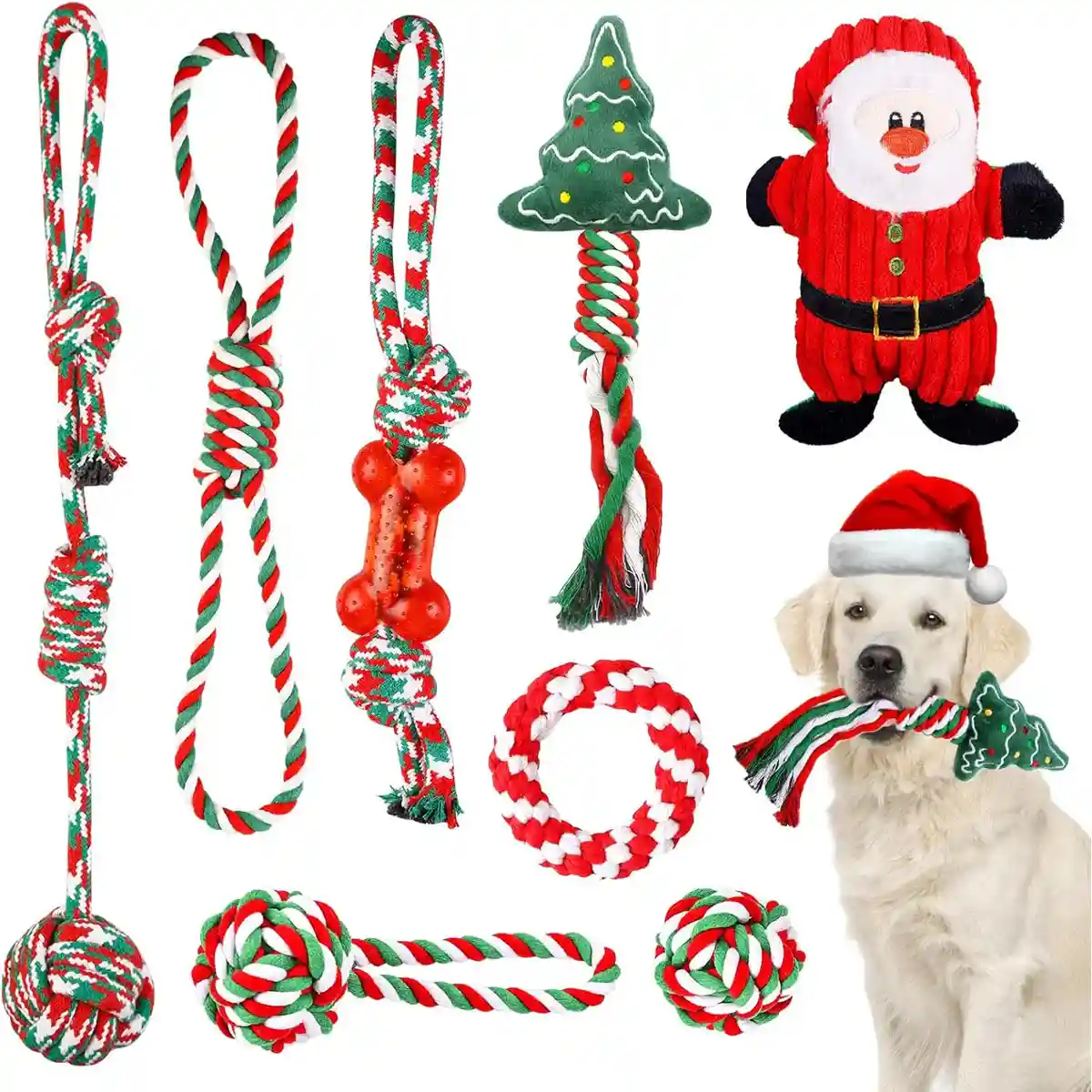 Christmas Dog Toy Set 8pcs Cotton Rope Chew & Play Toys - Image 12
