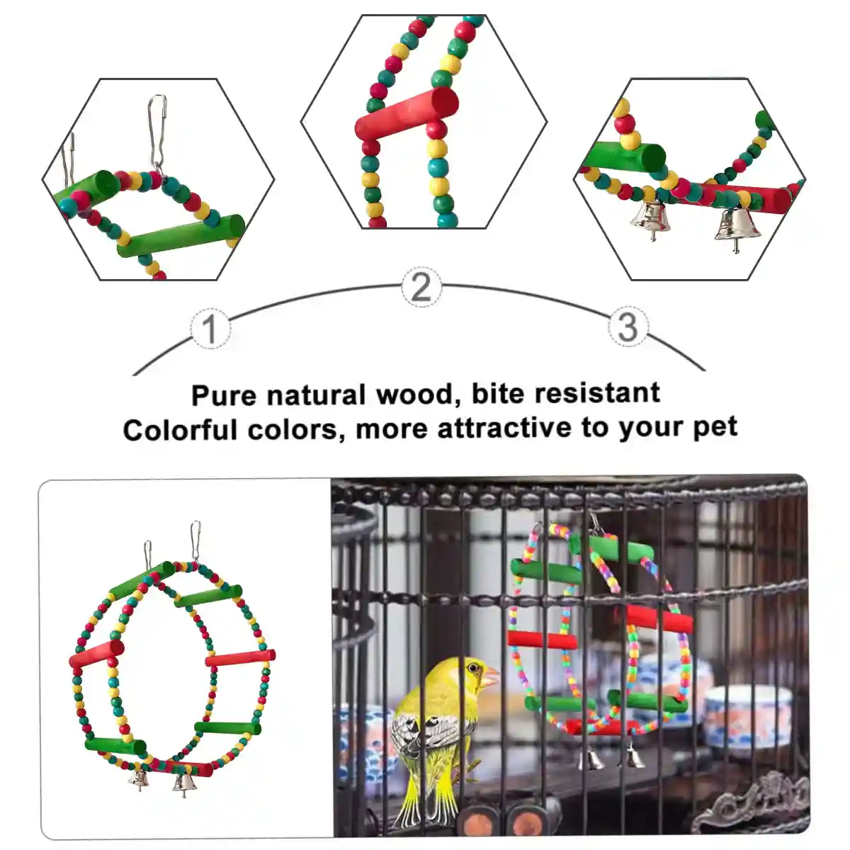 Colorful Wooden Bird Swing with Bells for Bird Cage - Image 8