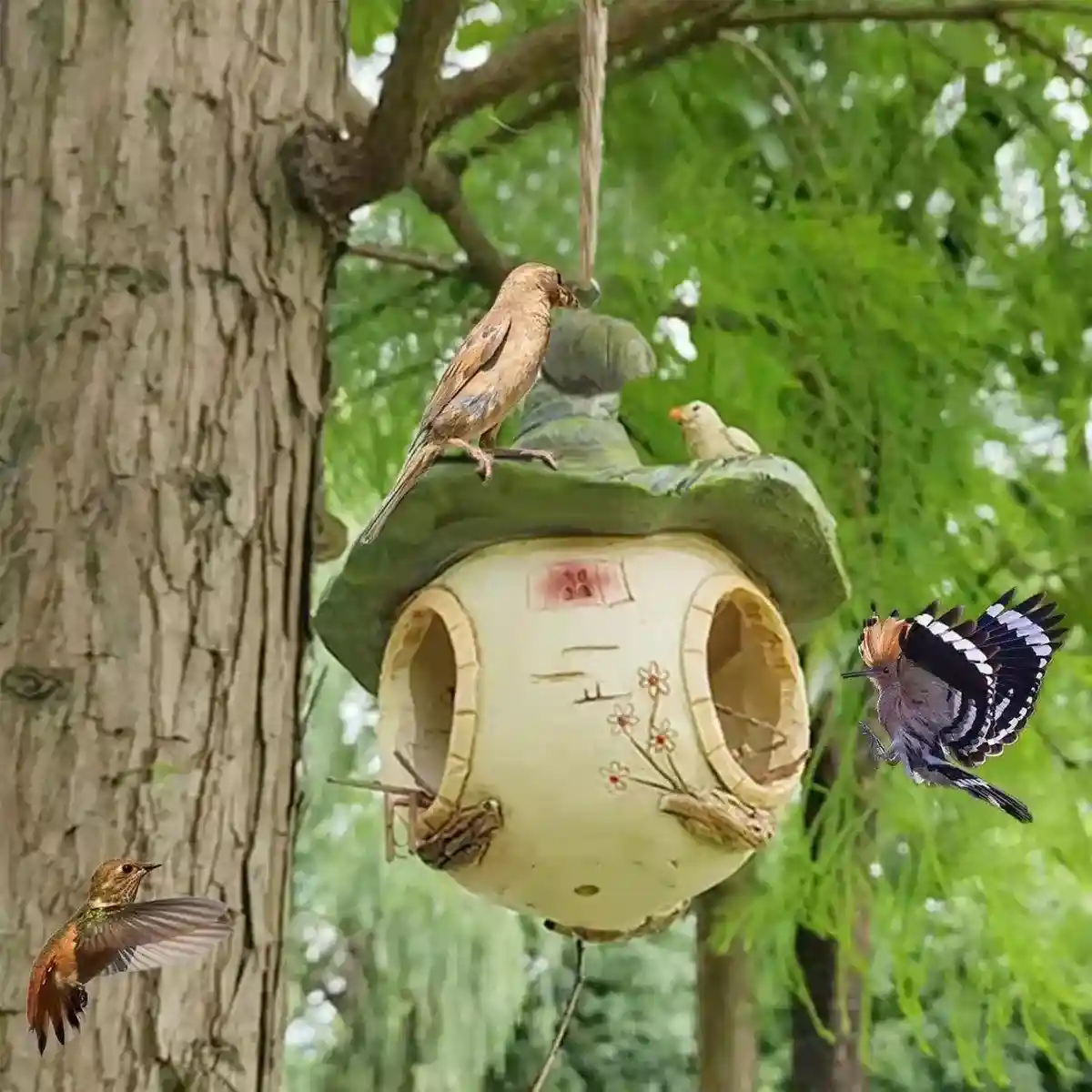 Creative Hanging Tree Hummingbird Warm Nest Outdoor Courtyard Resin Crafts Ornaments - Image 4