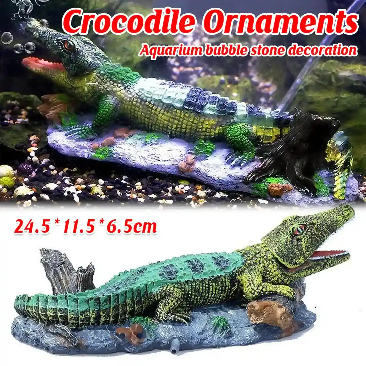 Crocodile Aquarium Ornament with Bubble Stone for Oxygenation