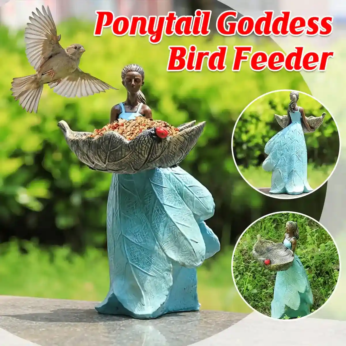 Decorative Resin Bird Feeder Girl Holding Leaf Bowl
