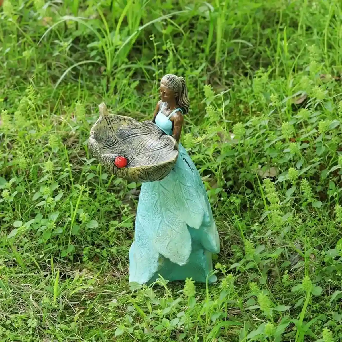 Decorative Resin Bird Feeder Girl Holding Leaf Bowl - Image 11