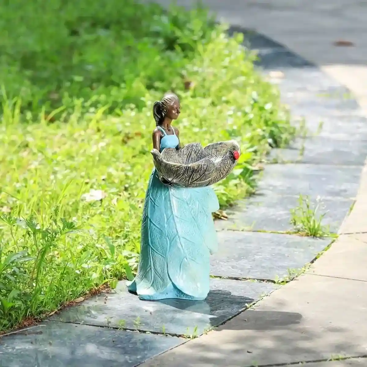 Decorative Resin Bird Feeder Girl Holding Leaf Bowl - Image 13