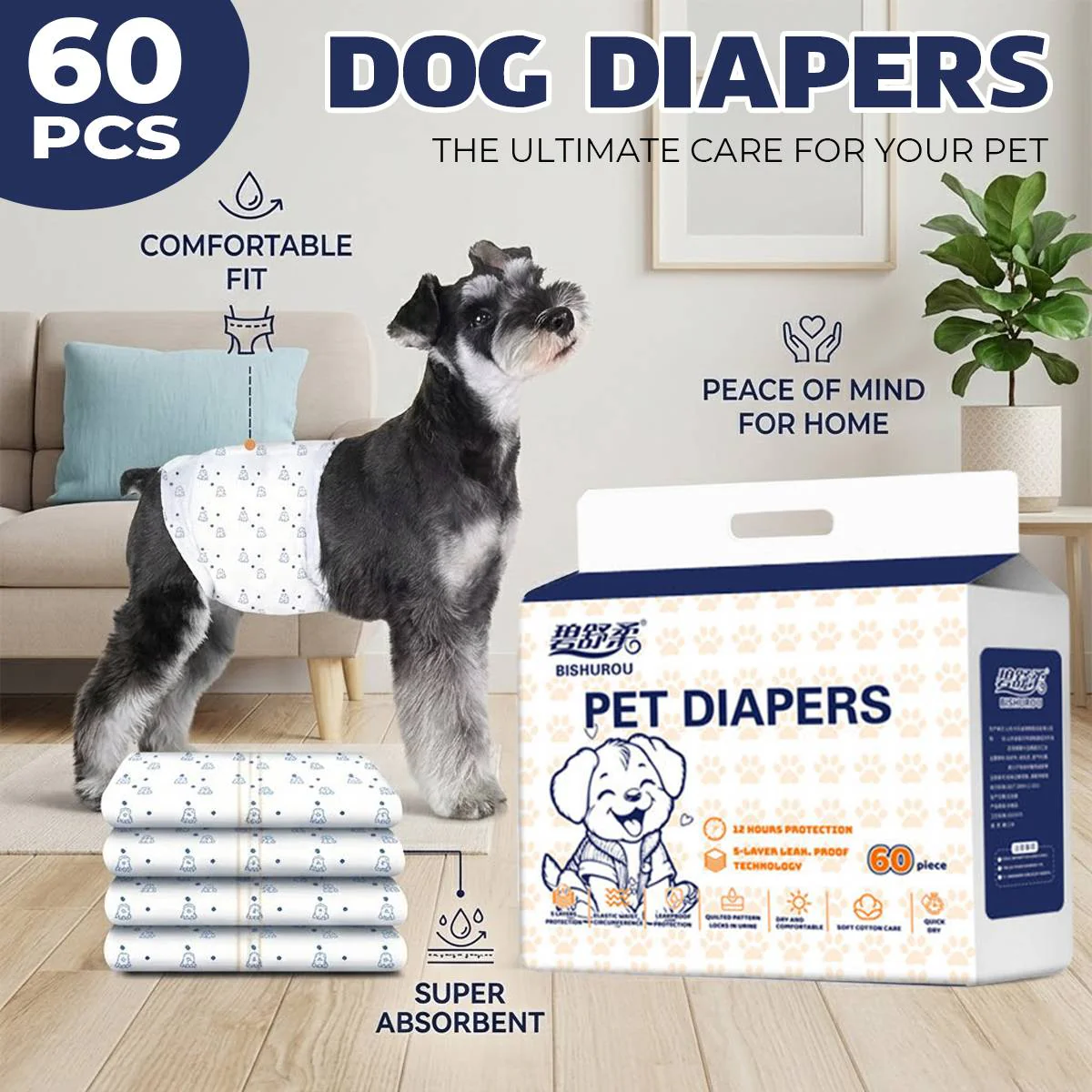 Disposable Dog Diapers Super Absorbent Leak Proof Dog Diapers (60PCS)