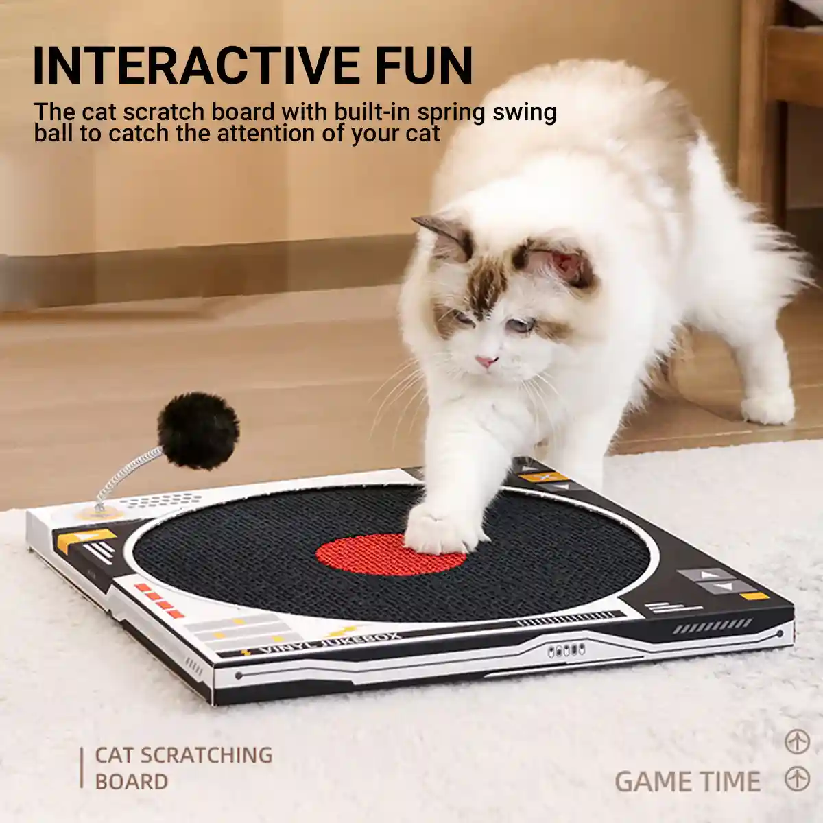 DJ Turntable Cat Scratching Board Interactive Cat Toy with Spring Ball - Image 4