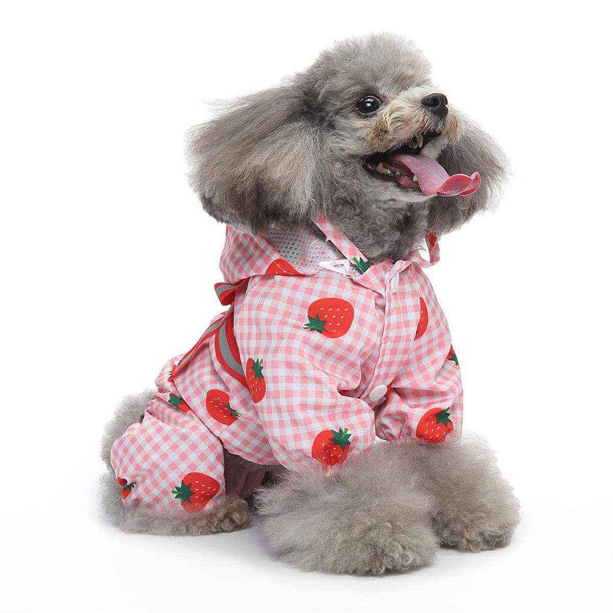 Strawberry Plaid Dog Raincoat Waterproof Pet Jacket with Hood - Image 5