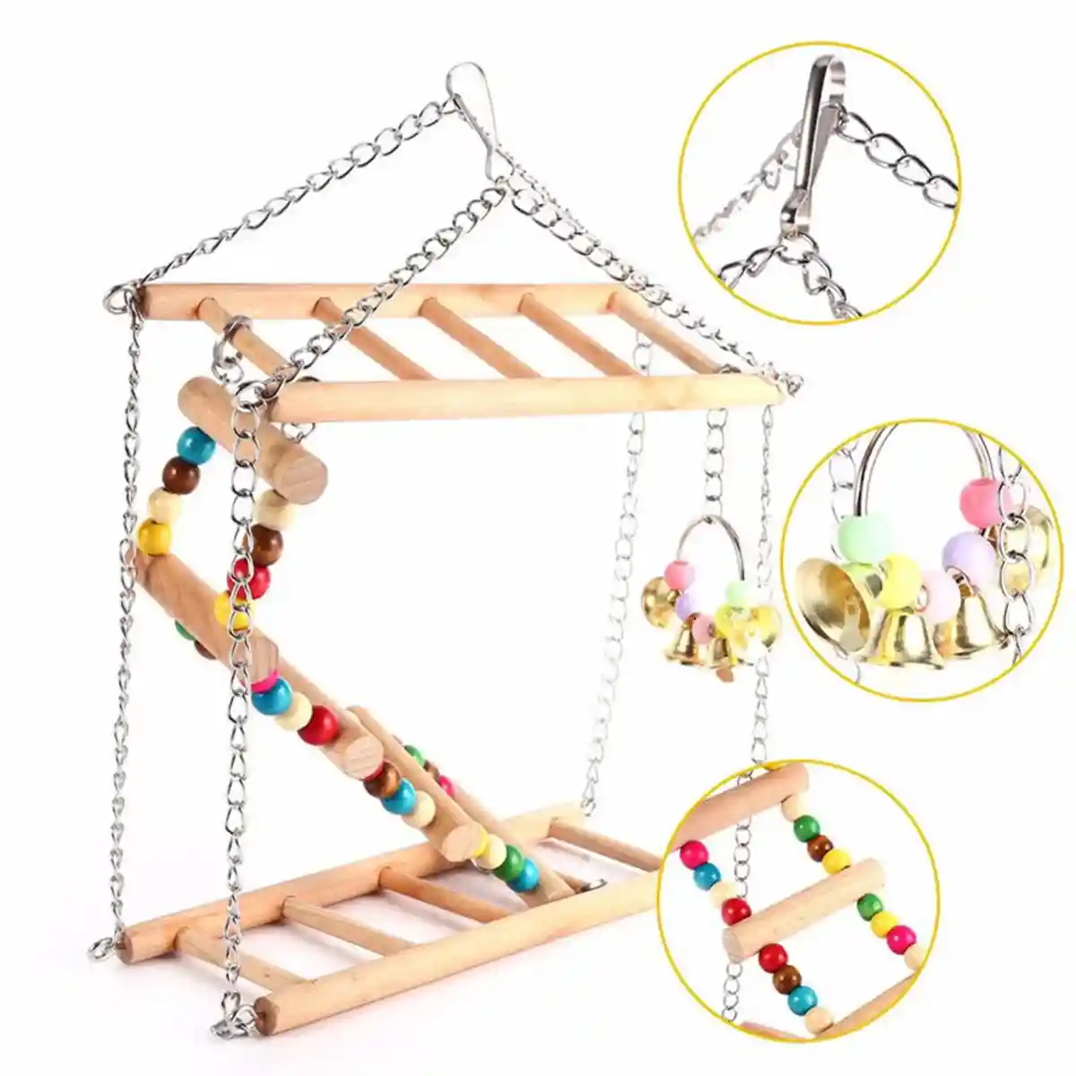 Double-Layer Bird Swing Toy Wooden Swing with Ladder & Bell for Birds - Image 5