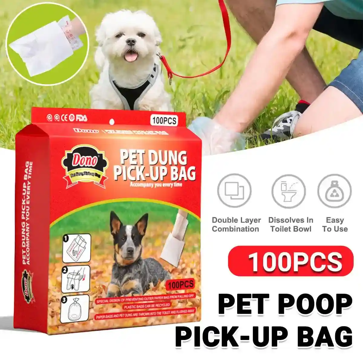 100pcs Eco-Friendly Dog Poop Bags Leak-Proof & Flushable Pet Waste Bags