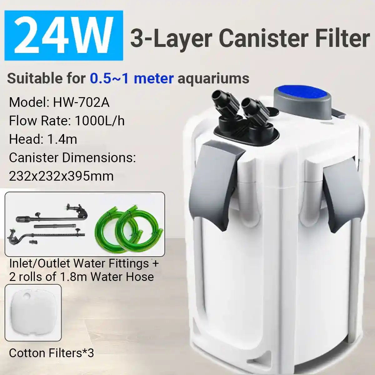 External Aquarium Filter Canister 24W 3-Layer High-Flow 1000L/h System - Image 4