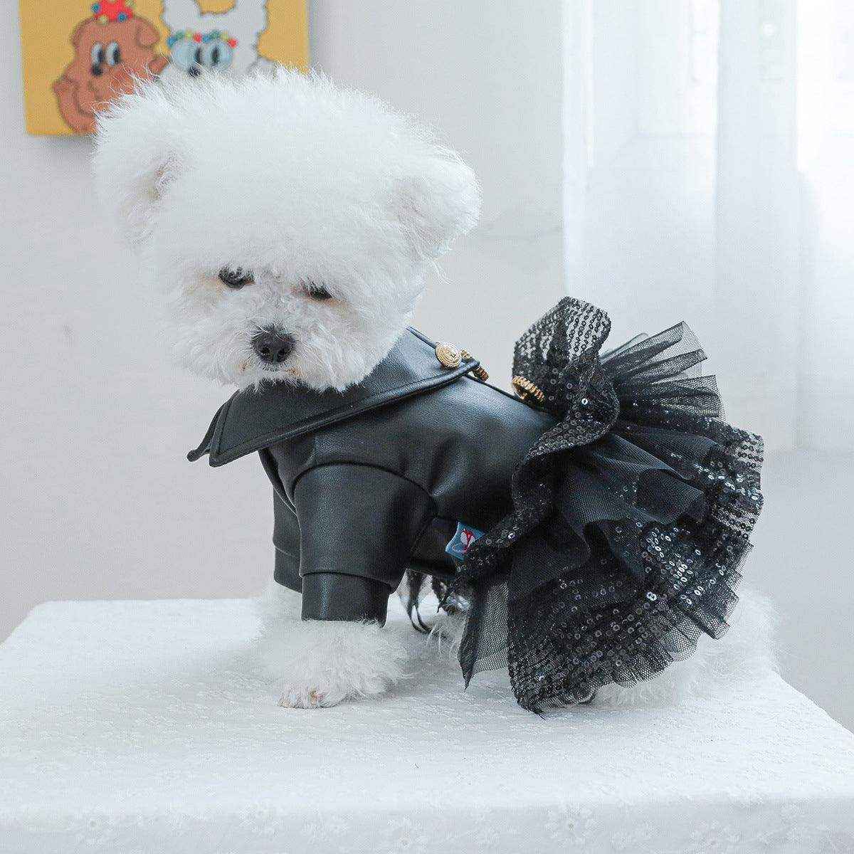 Faux Leather Dog Dress with Sequins Stylish Small Pet Outfit for Autumn & Winter - Image 13