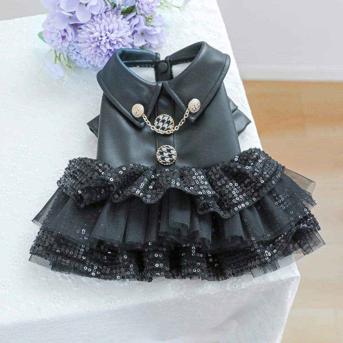 Faux Leather Dog Dress with Sequins Stylish Small Pet Outfit for Autumn & Winter - Image 15