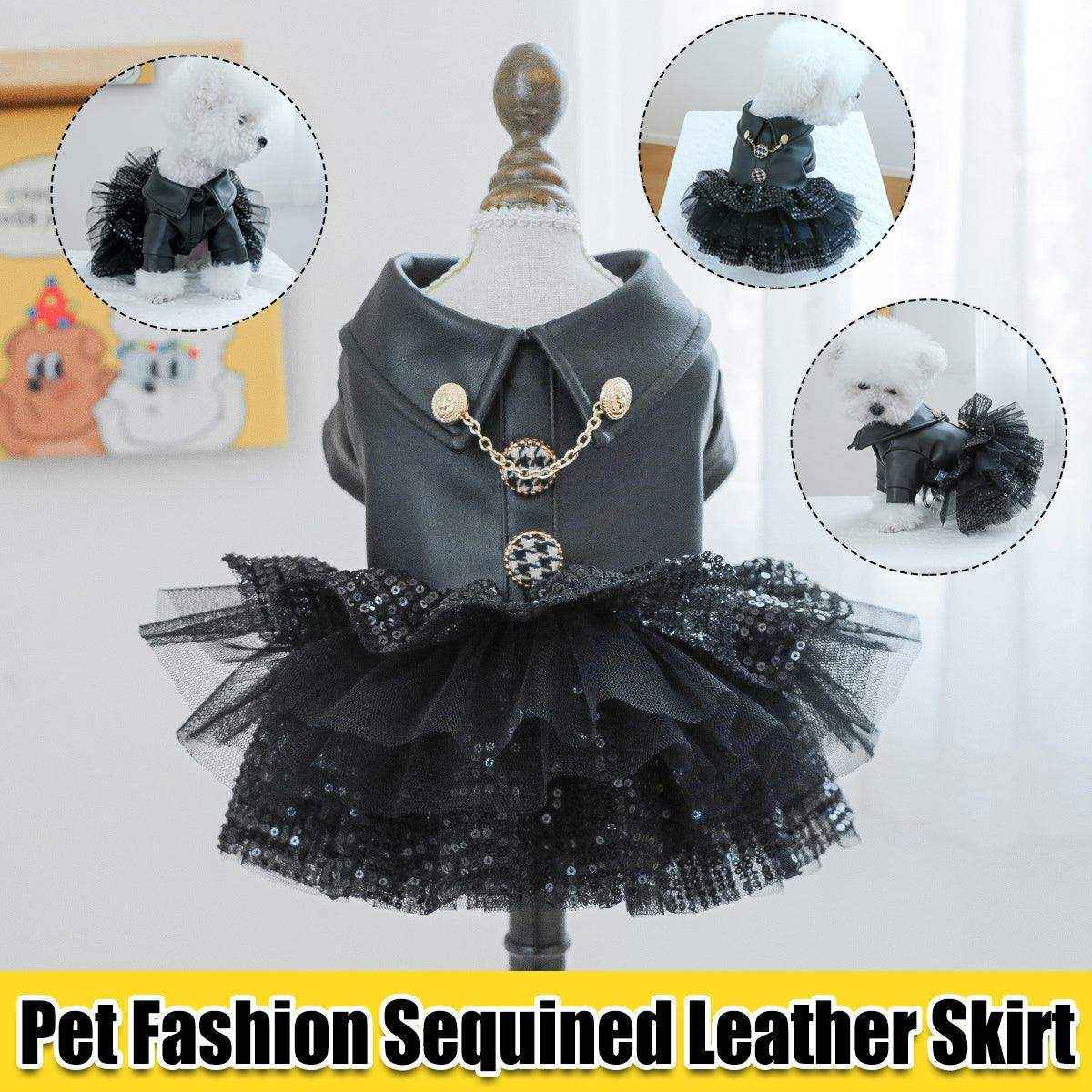 Faux Leather Dog Dress with Sequins Stylish Small Pet Outfit for Autumn & Winter - Image 2