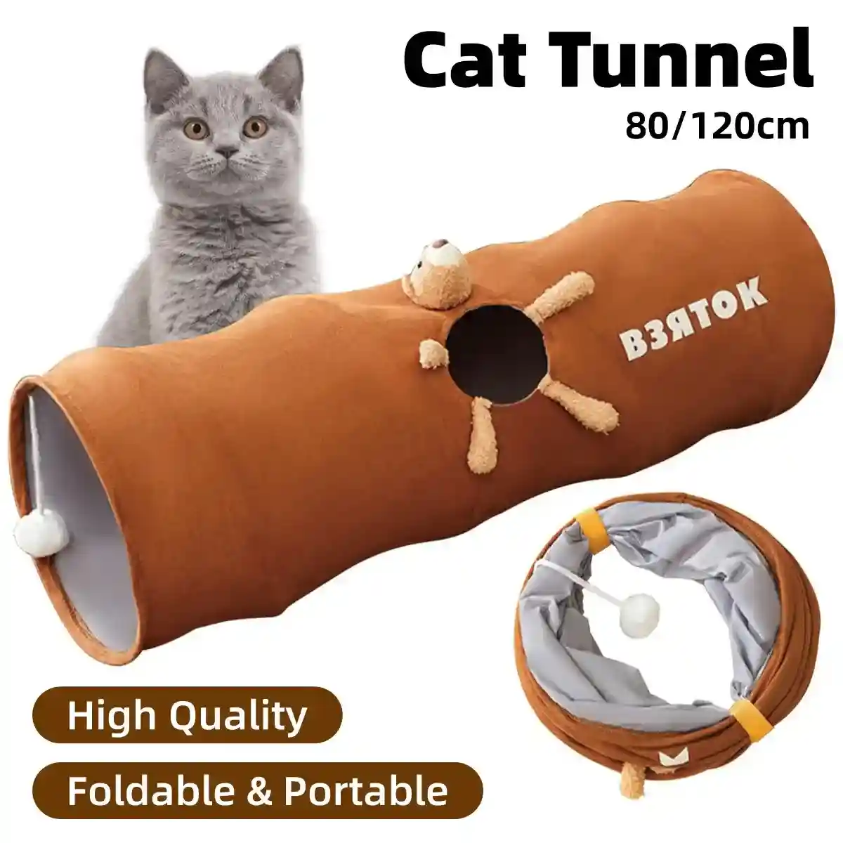 Foldable Cat Tunnel with Bear Toy Indoor Play Tunnel for Cats