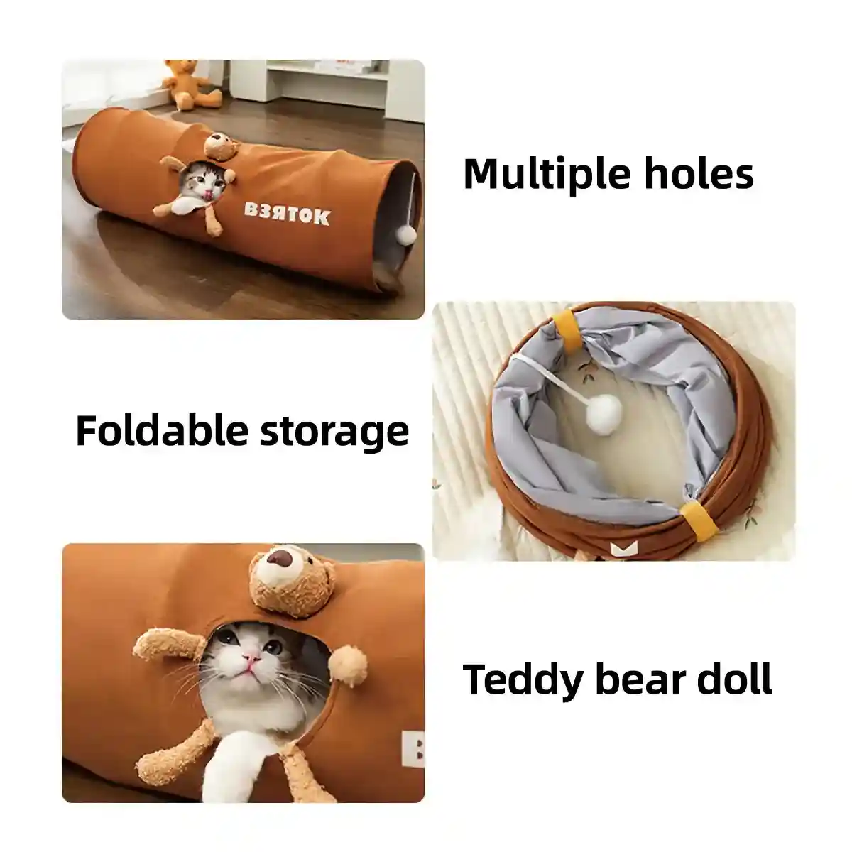 Foldable Cat Tunnel with Bear Toy Indoor Play Tunnel for Cats - Image 4