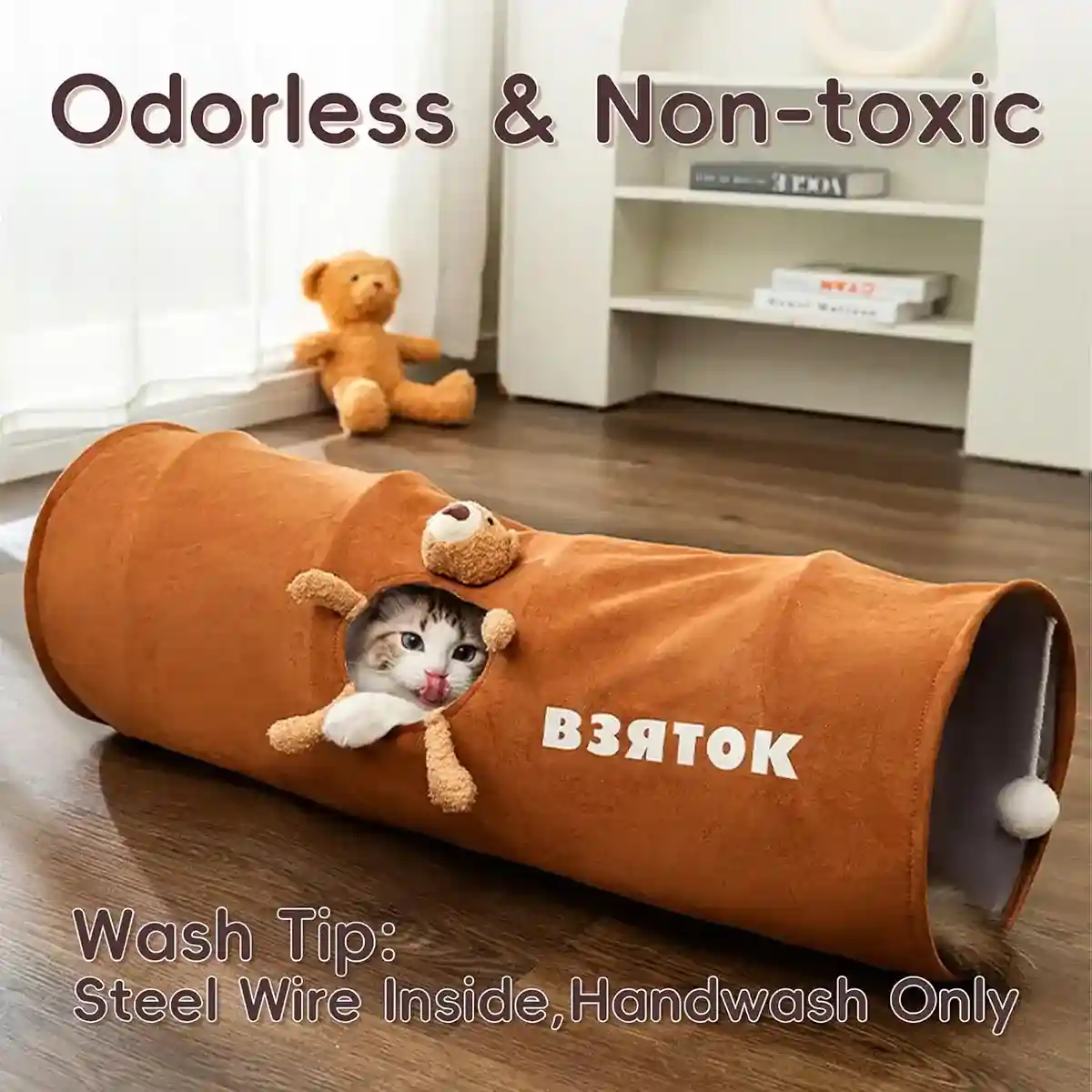Foldable Cat Tunnel with Bear Toy Indoor Play Tunnel for Cats - Image 5