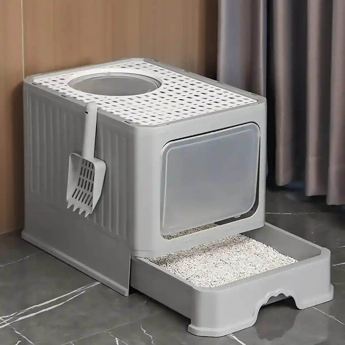 Fully Enclosed Cat Litter Box with Drawer and Scoop - Image 10