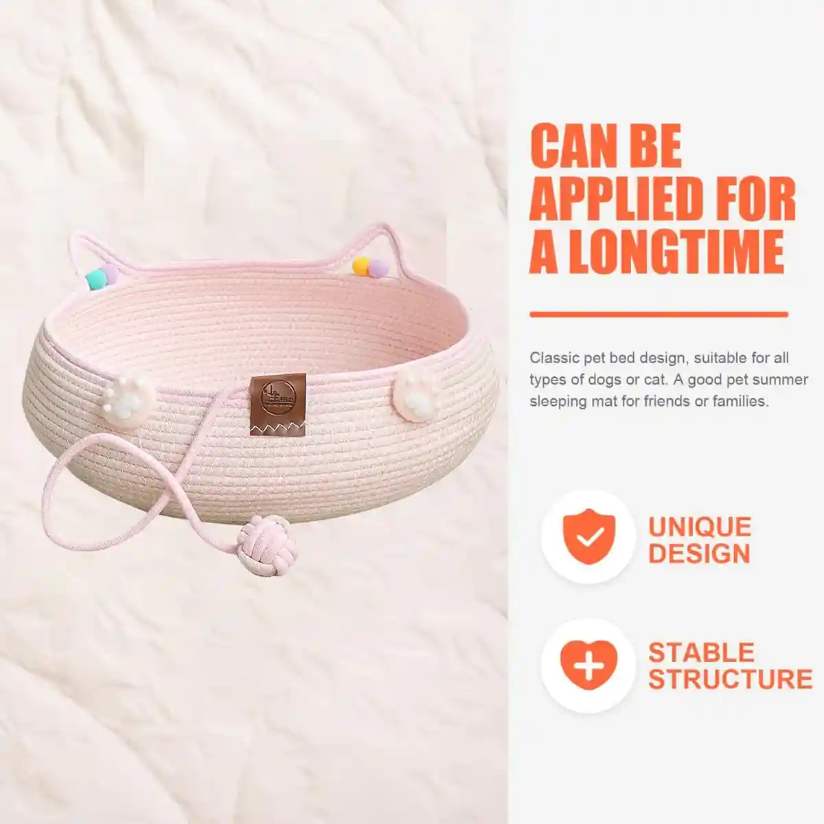 Hand-Woven Cotton Cat Nest Bed with Toy Ball for Kittens Pink - Image 4