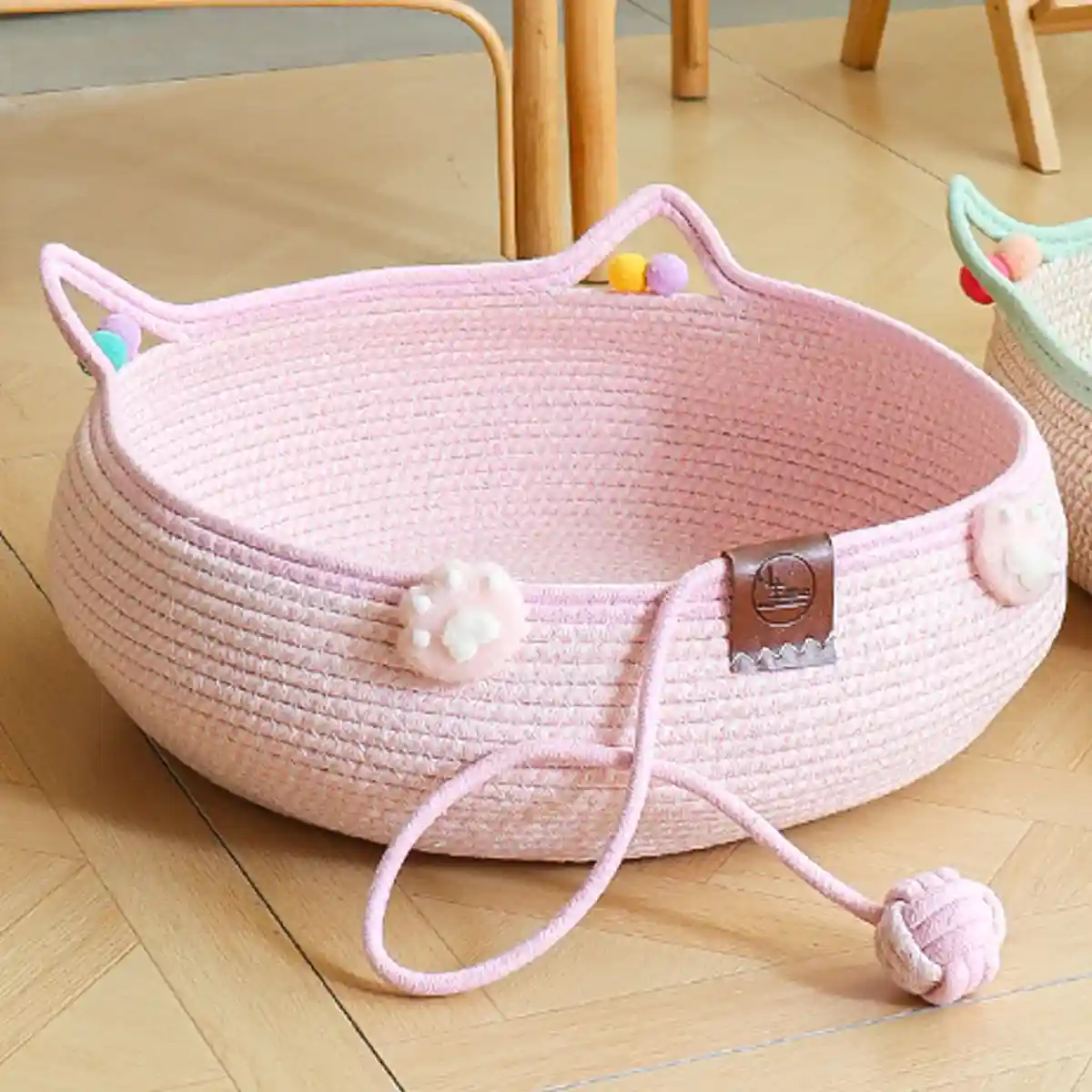 Hand-Woven Cotton Cat Nest Bed with Toy Ball for Kittens Pink - Image 6
