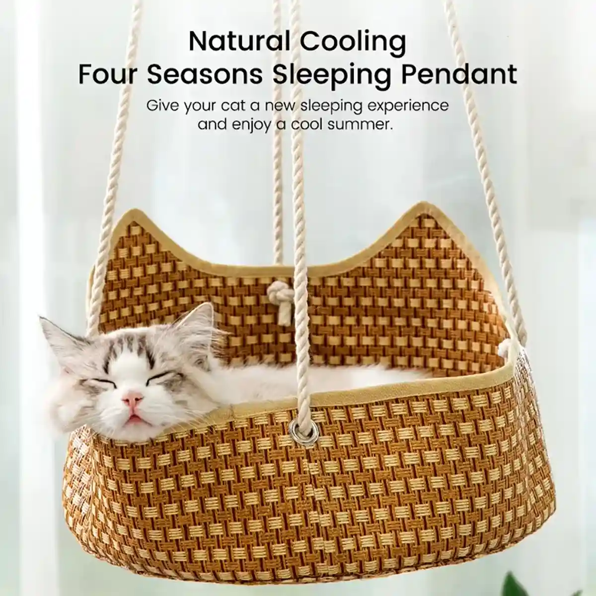 Handmade Cat Hammock Bed Breathable Straw Hanging Pet Rest with Hooks - Image 3