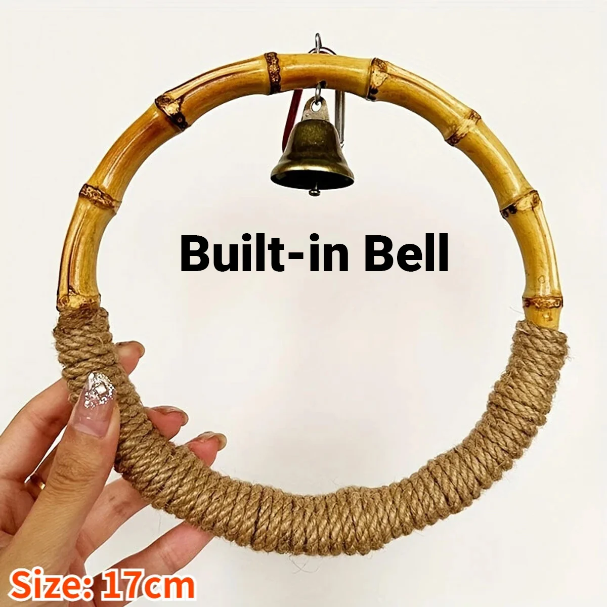 Hanging Bird Toy Natural Bamboo Ring Perch with Bell - Image 5